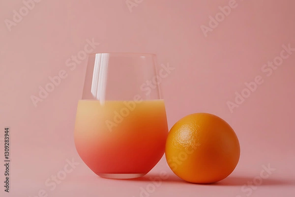 Fototapeta A refreshing glass of orange juice in a transparent glass, with a ripe orange lying beside it.