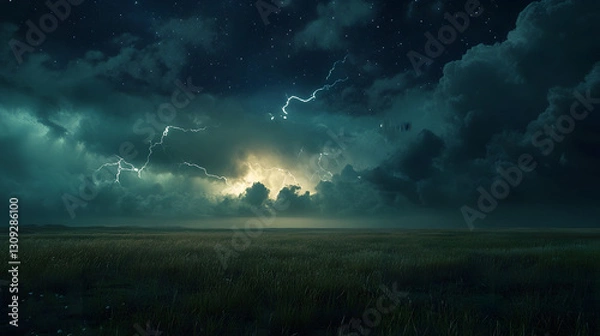 Obraz A wide, grassy plain with dark storm clouds and lightning in the distance
