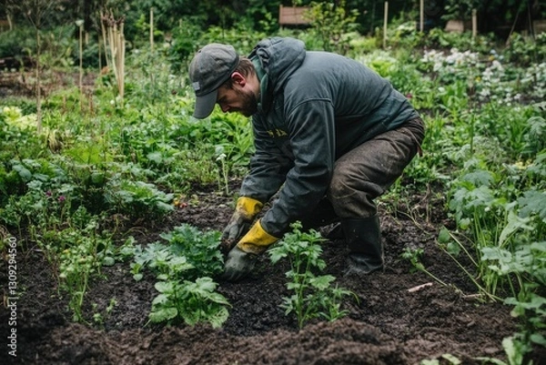 Fototapeta A farmer carefully tends the soil as he plants seedlings into the ground. His gloved hands are covered in dirt. The scene conveys themes of growth, sustainability, and the nutritious nature of farming
