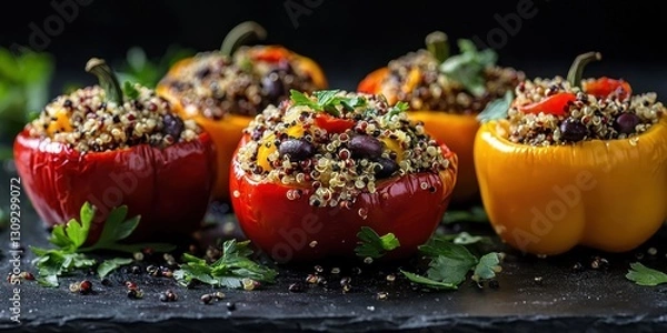 Fototapeta Floating stuffed bell peppers with quinoa and black beans on a jet black background
