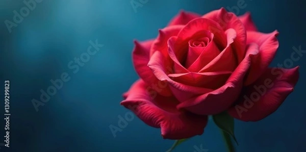 Fototapeta Deep crimson rose petals unfolding in elegance, blue, soothing
