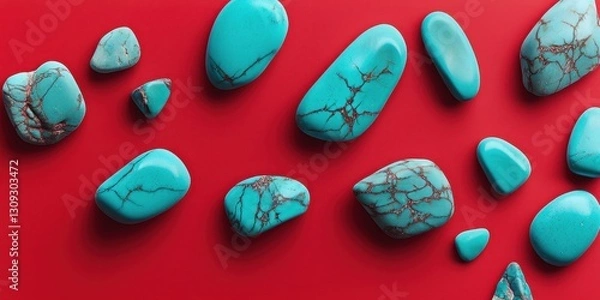 Fototapeta Floating turquoise stones with a smooth matte finish on a bold red background