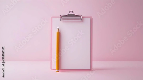 Fototapeta Pink Clipboard With Blank White Paper And Yellow Pencil On Soft Pink Background For Business Planning and Workplace Concepts