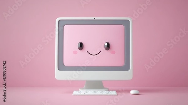 Fototapeta Cute Smiling Computer Screen with Pink Background and Accessories