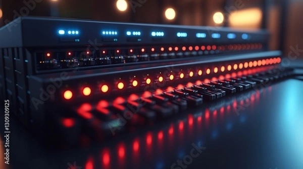 Fototapeta Servers, data center, lights, network, processing, rack, technology, digital, glowing, background