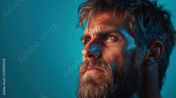 Fototapeta A close-up portrait of a man showcasing bold features and emotional expression, enhanced by cool-toned lighting that adds to the overall dramatic effect.