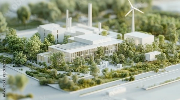 Fototapeta Modern sustainable factory model with wind turbines and lots of green space trees.