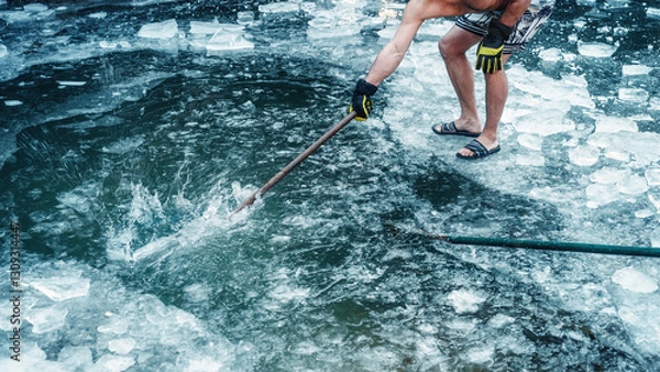 Obraz Man getting ready to swim in a frozen lake, man breaking the ice.