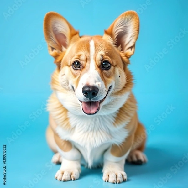 Obraz A corgi dog with brown and white fur, pointy ears, and a happy expression, set against a solid light blue background