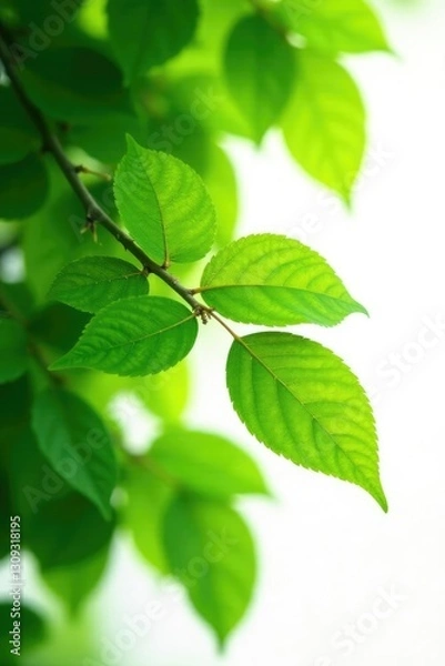 Obraz Green leaves on a branch isolated on white background, foliage, tree branch