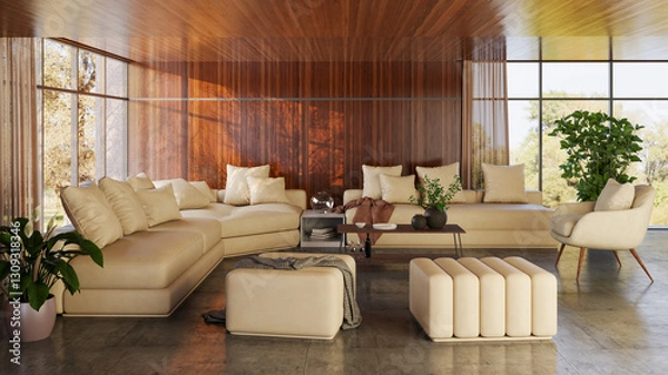 Obraz Large luxury modern bright interiors Living room mockup illustration 3D rendering image