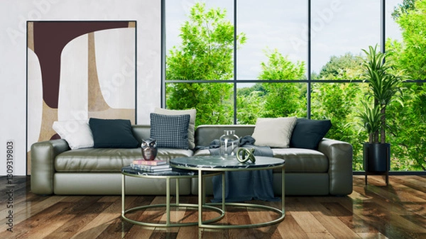 Obraz Large luxury modern bright interiors Living room mockup illustration 3D rendering image
