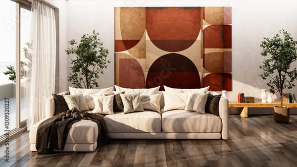 Obraz Large luxury modern bright interiors Living room mockup illustration 3D rendering image