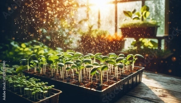 Fototapeta Growing seedlings in trays from seeds. Plants growing from seeds in a greenhouse. Photo of plants in the background - sunlight.