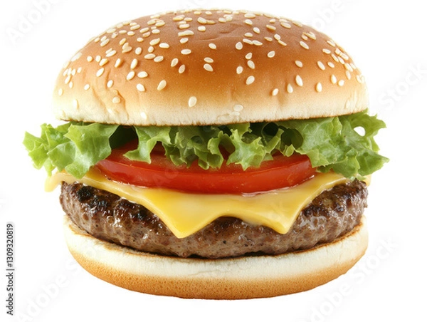 Fototapeta Isolated Classic Cheeseburger with Sesame Seed Bun
