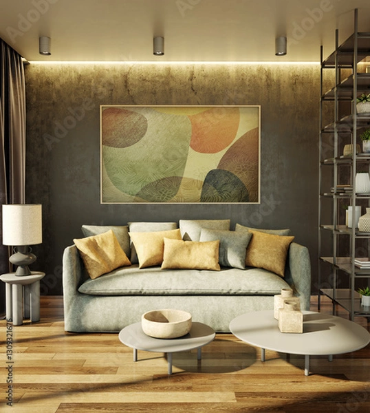 Obraz Large luxury modern bright interiors Living room mockup illustration 3D rendering image