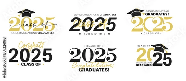 Obraz Class of 2025 vector badges set.Congrats graduates concept. Black, gold and white graduation logo collection.Stock vector illustration for shirts,prints,cards,invitations,seal or stamp.Grad labels set