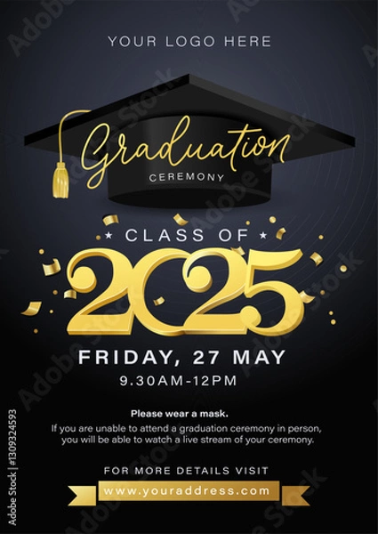 Obraz Congratulations graduates elegant banner or greeting card with gold confetti, lettering, graduation cap and diploma scroll. Graduation design for party, yearbook. Class of 2025 vector illustration.