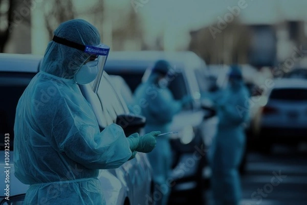 Fototapeta Healthcare Workers in Protective Gear at a Mobile Testing Site
