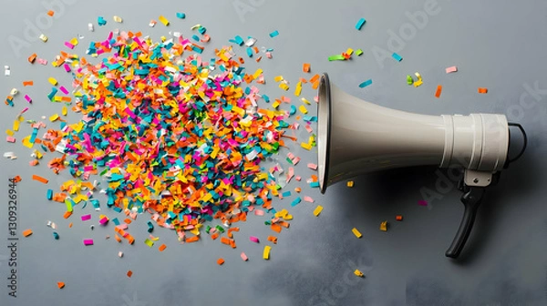 Fototapeta Megaphone Releasing Colorful Confetti Stream On A Gray Surface In Horizontal Composition