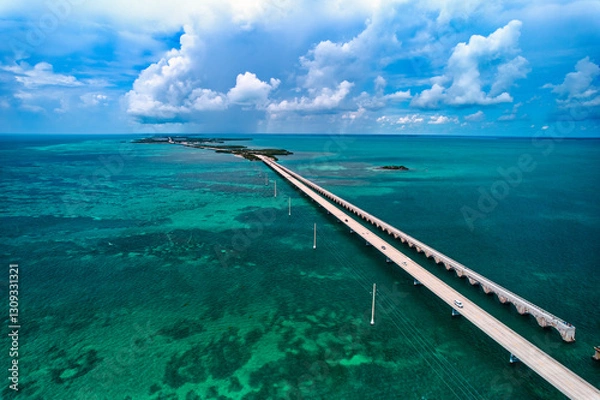 Fototapeta Aerial Drone image of the Seven Mile, 7-Mile bridge spanning the clear turquoise waters of the tropical Florida Keys on the way to Key West