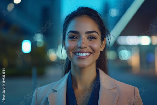 Fototapeta Young smiling businessman posing confidently, dressed in modern executive clothes, on a technological city background with an illuminated office building.