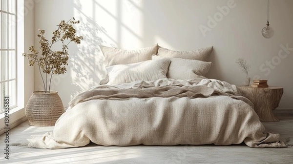 Fototapeta Bright bedroom with neutral-toned bedding and minimal decor featuring natural light and peaceful ambiance. Generative AI