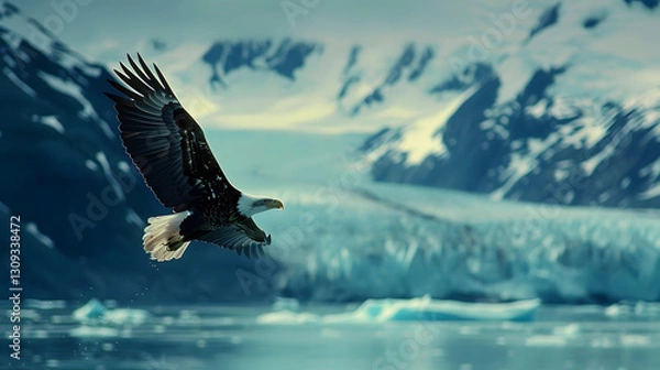 Obraz A breathtaking view of a bald eagle soaring high over the snowy Alaska mountains and floating icebergs, symbolizing power and grace.