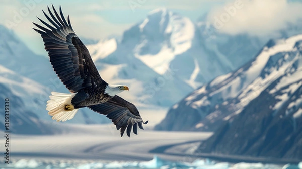 Obraz A breathtaking view of a bald eagle soaring high over the snowy Alaska mountains and floating icebergs, symbolizing power and grace.
