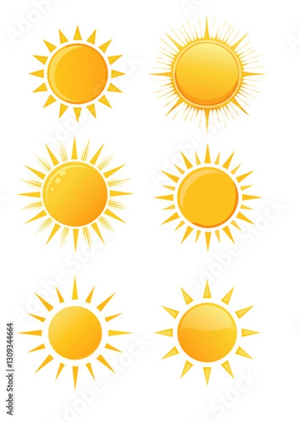 Fototapeta Ensemble d’icônes de soleil jaune, rayonnement solaire et éclat du soleil, lever ou coucher du soleil. Cercle décoratif plein et demi-soleil avec lumière du soleil. Énergie solaire chaude 