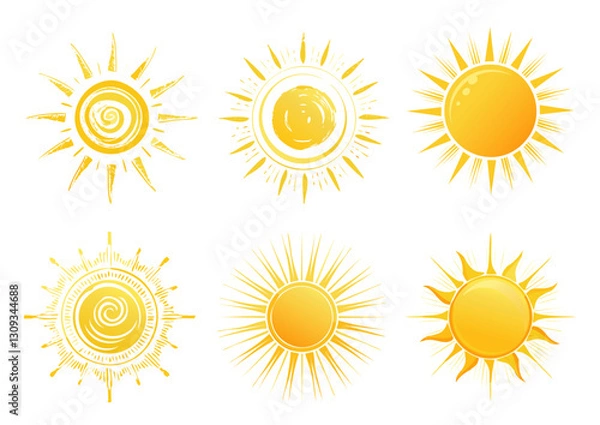 Fototapeta Ensemble d’icônes de soleil jaune, rayonnement solaire et éclat du soleil, lever ou coucher du soleil. Cercle décoratif plein et demi-soleil avec lumière du soleil. Énergie solaire chaude 