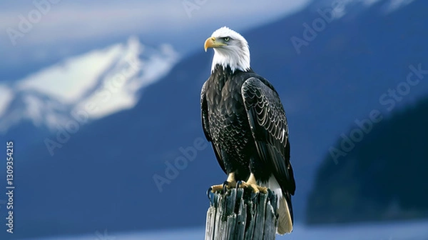 Obraz A majestic bald eagle perched on a weathered tree stump against a clear blue sky, symbolizing strength and freedom.