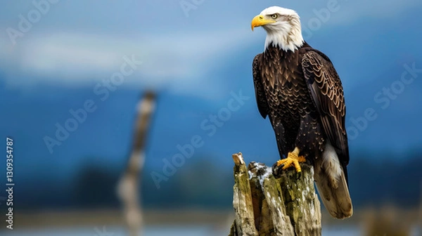 Obraz A majestic bald eagle perched on a weathered tree stump against a clear blue sky, symbolizing strength and freedom.