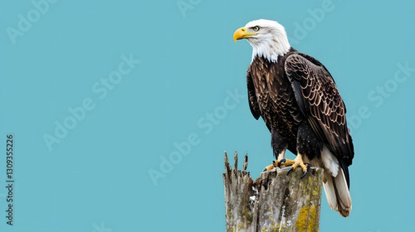 Obraz A powerful image of a bald eagle sitting on a rugged tree stump, with striking artistic lighting effects.