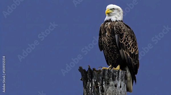 Obraz A powerful image of a bald eagle sitting on a rugged tree stump, with striking artistic lighting effects.