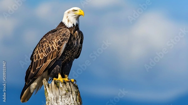 Obraz A detailed photograph of a bald eagle perched on a tree stump, captured in a dramatic and artistic style.