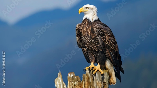Obraz A detailed photograph of a bald eagle perched on a tree stump, captured in a dramatic and artistic style.