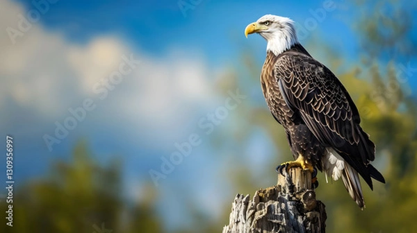 Obraz A detailed photograph of a bald eagle perched on a tree stump, captured in a dramatic and artistic style.