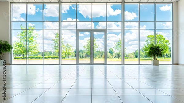 Obraz Modern Architectural Interior With Panoramic Windows And A View Of The Blue Sky And Green Landscape