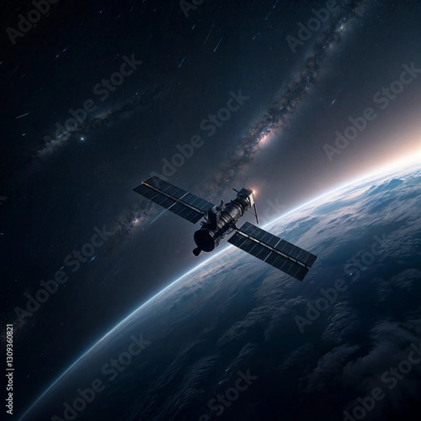 Fototapeta Un satélite artificial está volando en el espacio.Un universo hermoso