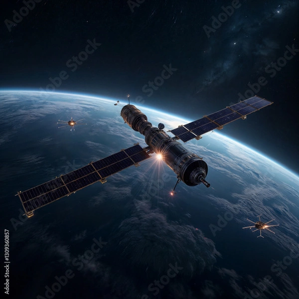 Fototapeta Un satélite artificial está volando en el espacio.Un universo hermoso