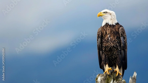 Fototapeta A detailed photograph of a bald eagle perched on a tree stump, captured in a dramatic and artistic style.