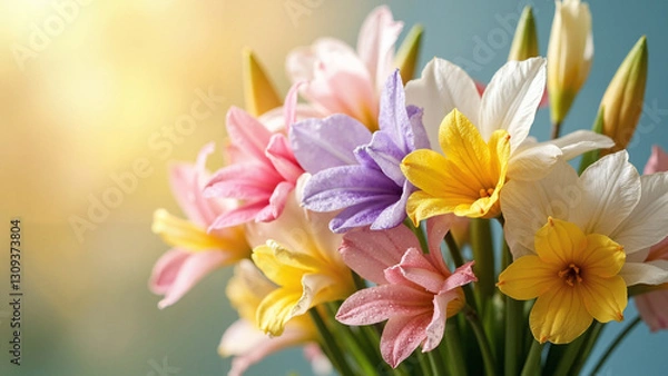 Fototapeta Vibrant Freesia Flowers in Full Bloom: Elegant Spring Arrangement Perfect for Easter Marketing, Floral Industry Promotions, and Event Planning
