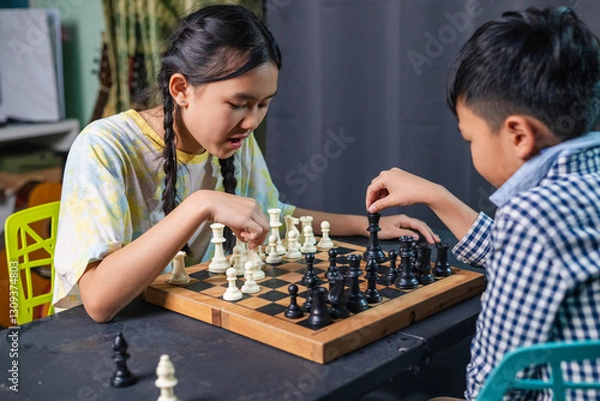 Fototapeta Smart kids enjoying a board game, making their next move in a friendly chess match.
