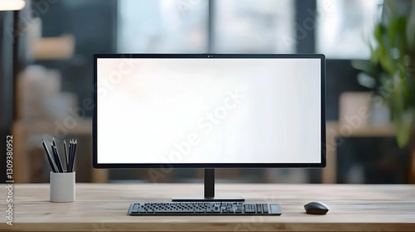 Fototapeta Modern Office Desk With Empty Computer Screen And Peripherals On Wooden Tabletop