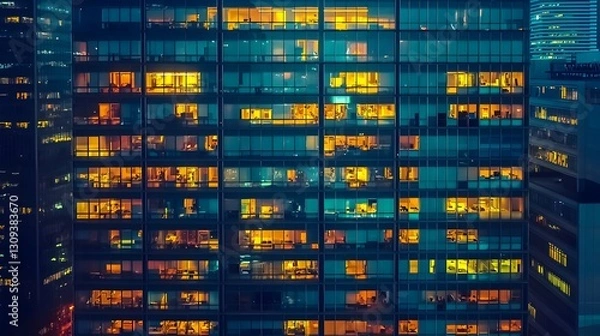 Fototapeta Illuminated windows reveal bustling activity in a modern city building at night