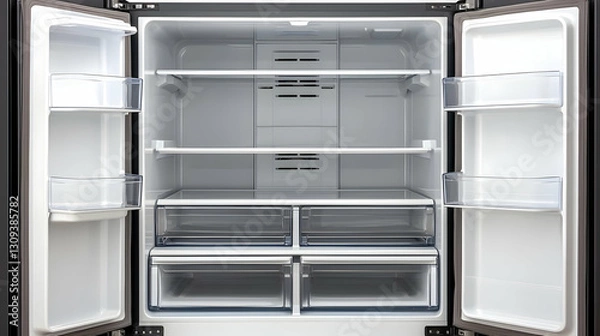 Fototapeta Opened Empty Refrigerator Interior View With White Shelves And Drawers Against A White Background