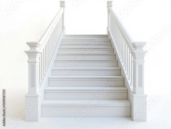 Fototapeta Elegant white staircase with detailed railings in minimalist design