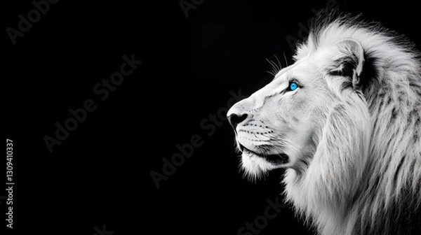 Fototapeta A close-up portrait of a lion in black and white with striking blue eyes, capturing the majestic and powerful expression of this wild animal.
