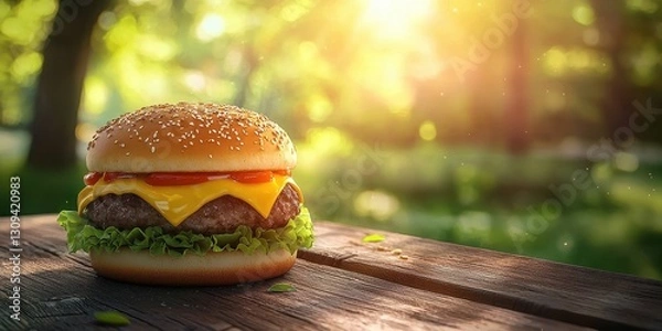 Obraz Juicy cheeseburger with melted cheese on a wooden table with a blurred outdoor picnic background